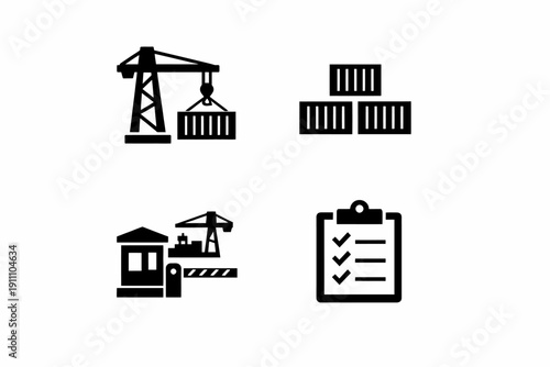 Industrial icons: crane, containers, security booth, checklist