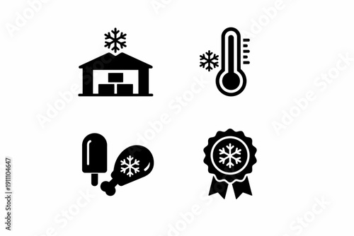 Cold storage and temperature control icons: warehouse, thermometer, frozen food, award