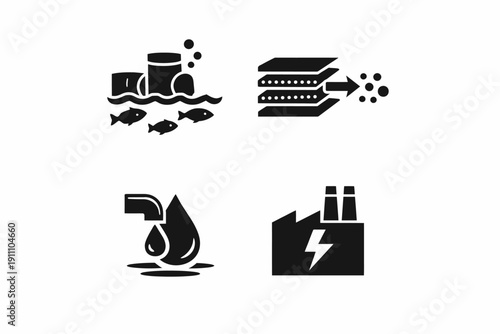 Water pollution and industrial emissions icons: wastewater, filtration, drop, factory