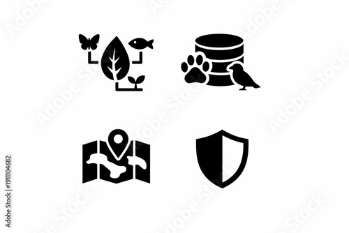 Nature icons: ecology, animals, navigation, and security symbols