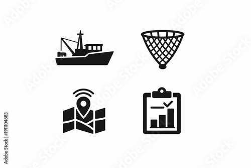 Fishing boat, net, map, chart icons for maritime activities