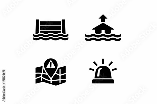 Flood alert icons: water levels, evacuation, map alert, emergency signal