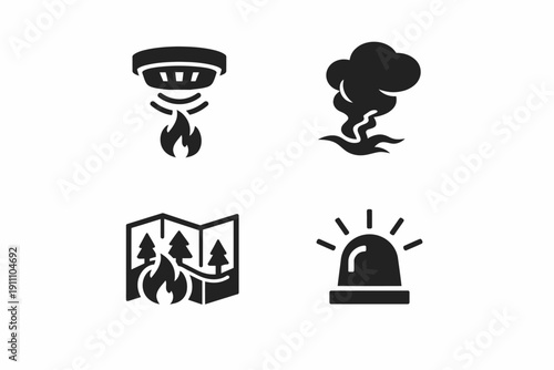 Fire safety icons: smoke detector, alarm, forest fire, emergency signal