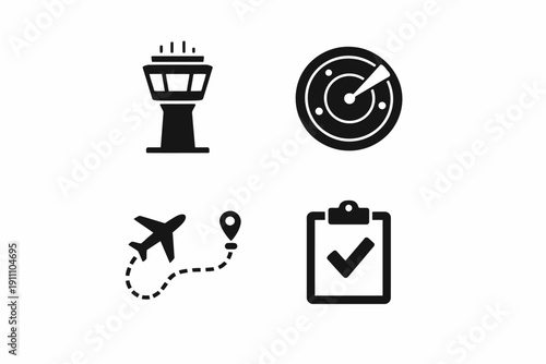 Airport control icons: tower, radar, airplane, checklist