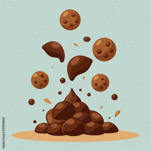 chocolate balls and cocoa beans falling in the air