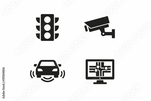 Traffic light, security camera, autonomous car, and circuit board icons