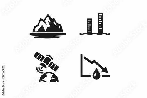 Environmental icons: mountains, skyscrapers, satellite, decline graph