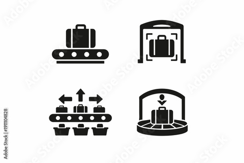 Luggage process icons: conveyor, scanning, sorting, baggage