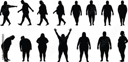Silhouette people, diverse body types, walking, standing, pointing, raising arms, leaning forward, profile view, frontal view, rear view, diversity, inclusion, health, fitness, posture, human shapes