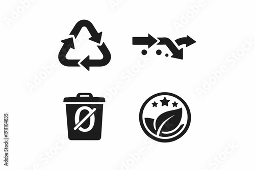 Recycling symbols: eco arrow, trash bin, leaf emblem icons