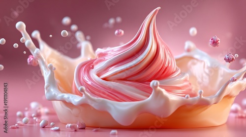 Pink Ice Cream Splashing in Milk on Pink Background