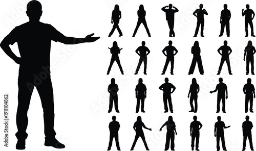 Silhouette, human, body language, posture, gesture, standing, extended arm, hip pose, character design, animation, psychology, diversity, communication, expression, movement, people, grid