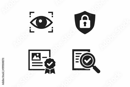 Security icons set featuring eye, lock, certificate, and checklist symbols