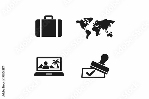 Black travel icons: suitcase, world map, laptop, approval stamp