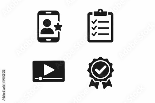 Icons for profile, checklist, video play, and quality badge