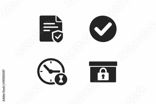 Set of icons: document security, approval, time, and lockbox symbols