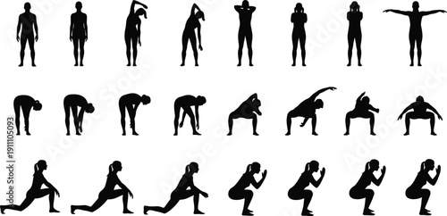 Silhouette, fitness, exercise, workout, stretching, squats, lunges, bending, posture, movement, training, gym, health, wellness, sport, activity, dynamic, physical, routine, illustration, concept