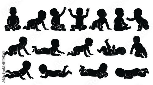   
Baby Silhouette Vector Set – Fifteen Black Silhouette Illustrations Depicting Infants Sitting, Crawling, Lying, Reaching, and Raising Arms for Creative Design and Childhood Development Projects