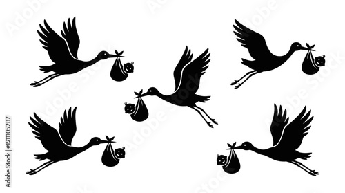 Flying Stork Silhouette Vector Illustrations – Five Unique Baby Delivery Designs in Black Silhouette Art Symbolizing Birth, New Life, and Traditional Folklore for Creative Projects