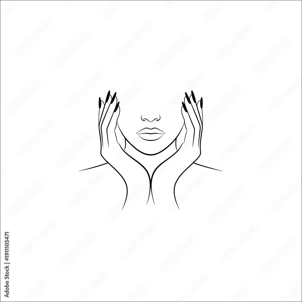 Fototapeta premium Woman's Face Line Art with Hands and Long Nails, Minimalist Beauty Illustration