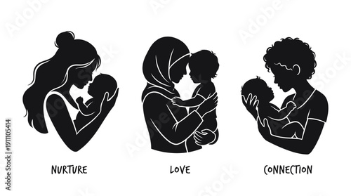 Parent and Baby Silhouette Vector Illustrations – Nurture, Love, and Connection Depicted in Black Silhouette Art for Emotional, Relational, and Creative Design Projects
