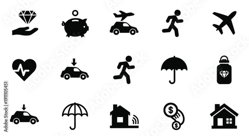 Insurance icons cover finance, travel, and health.