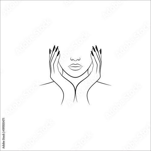 Woman's Face Line Art with Hands and Long Nails, Minimalist Beauty Illustration