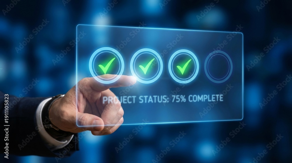 Obraz premium Businessman Touching Holographic Checklist with Green Checkmarks and Empty Circle Represents Project Progress, Step-by-Step Plan, and Workflow Completion