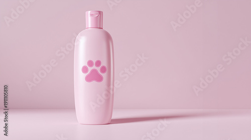 Pink Pet Shampoo Bottle with Paw Print on Pink Background