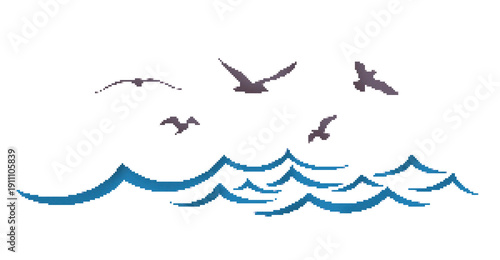 A pixel landscape with blue wave and seagulls.