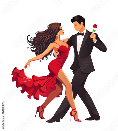 Passionate Tango Couple with Rose, Red Dress and Suit Vector Illustration