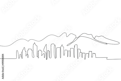 Continuous line drawing depicts a cityscape with mountainous terrain