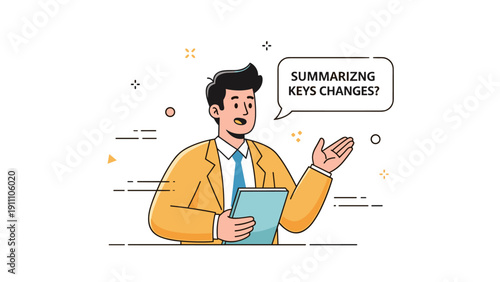 Young caucasian male presenting ideas with tablet and speech bubble