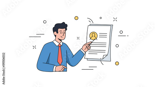 Illustration of male selecting applicant on digital resume