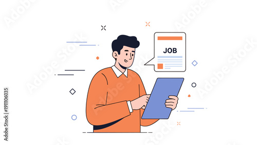 Young caucasian male reading job description on tablet