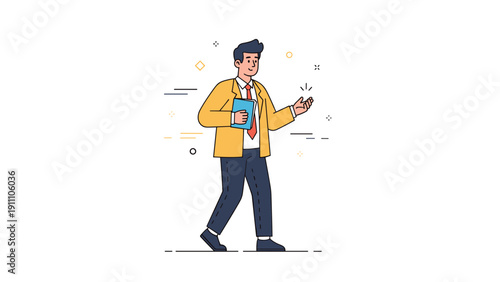 Young caucasian male professional walking with documents vector illustration