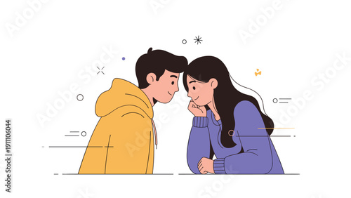 Young asian male and female facing each other with affectionate expressions