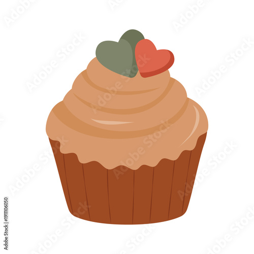 Sweet cupcake with whipped cream and heart toppers in flat cartoon style isolated on light background. Suitable for baby shower, birthday invitations, and celebration themes.