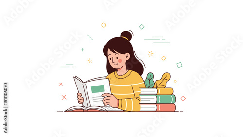 Young caucasian female reading book with stacked books and plants