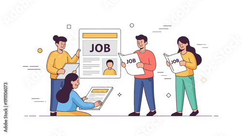 Young adults engaged in job search with newspaper and digital devices