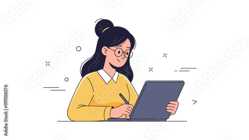 Asian female adult working on digital tablet with stylus in minimalist illustration