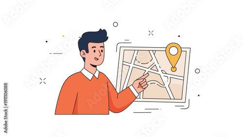 Young asian male pointing at map with location marker