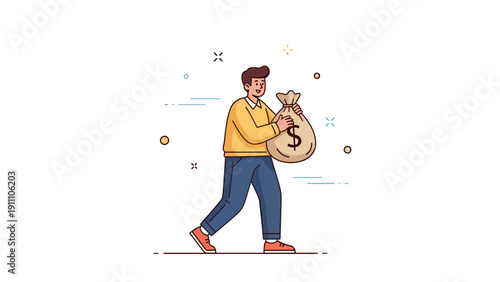 Young caucasian male holding money bag with dollar symbol, cartoon style illustration