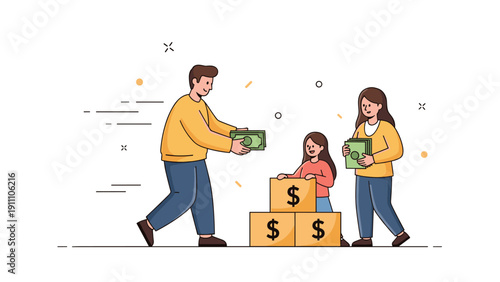 Family financial education concept with parents and child learning about saving money