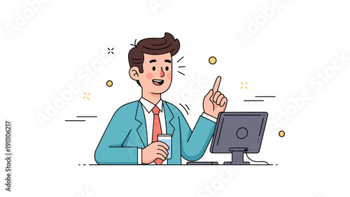 Illustration of young caucasian male working at desk with computer and coffee