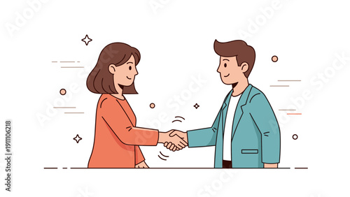 Cartoon illustration of caucasian male and female shaking hands in business attire