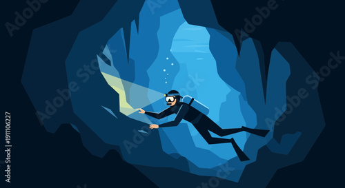 Exploring Underwater Cave Depths With A Focused Diver And Beam