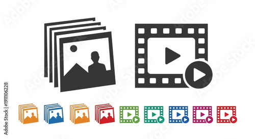 Media file icons stack beside video player symbols shown.