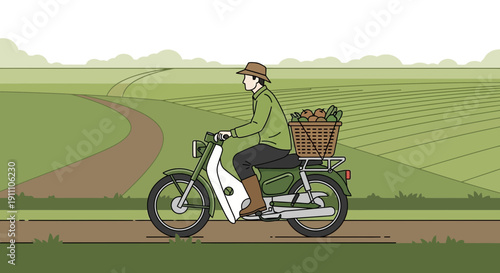 Farmer Riding Scooter Delivering Fresh Produce Through Scenic Rural Landscape