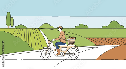 Farmer Riding Scooter With Fresh Harvest Through Verdant Countryside